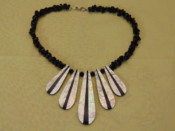 Vintage Ebony & Ivory Necklace: Mother of Pearl Drops, Lucite Beads
