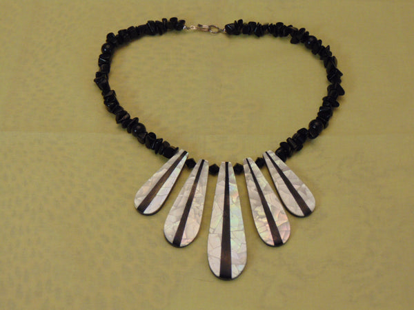 Vintage Ebony & Ivory Necklace: Mother of Pearl Drops, Lucite Beads