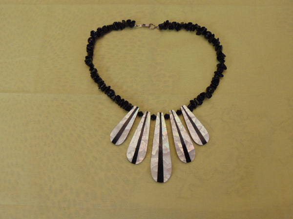 Vintage Ebony & Ivory Necklace: Mother of Pearl Drops, Lucite Beads