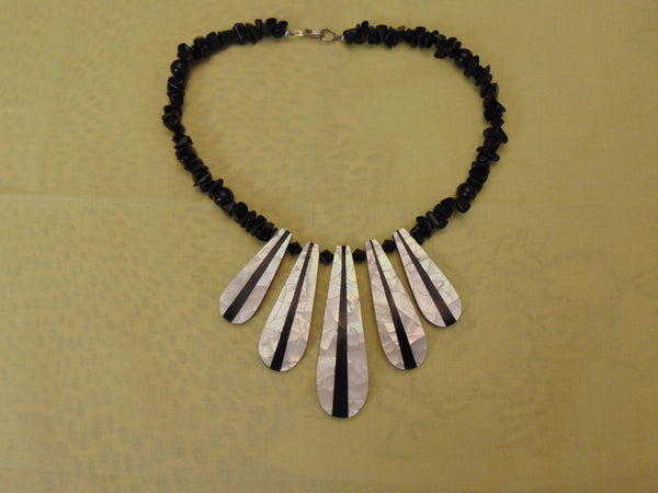 Vintage Ebony & Ivory Necklace: Mother of Pearl Drops, Lucite Beads