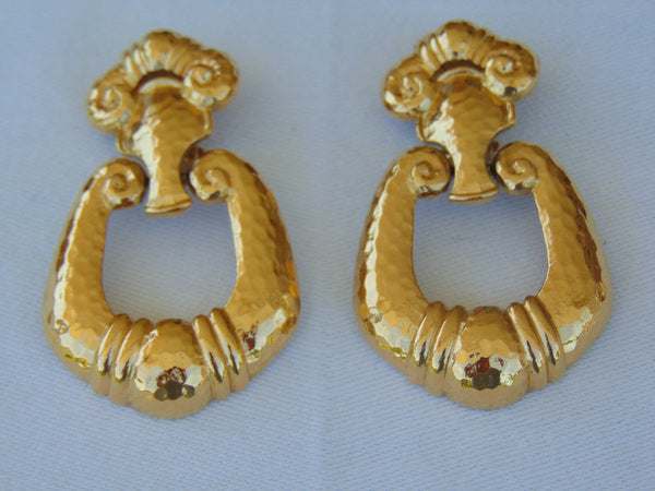 Vintage Jose Maria Barrera Dangle Earrings: Hammered Gold Clip-Ons