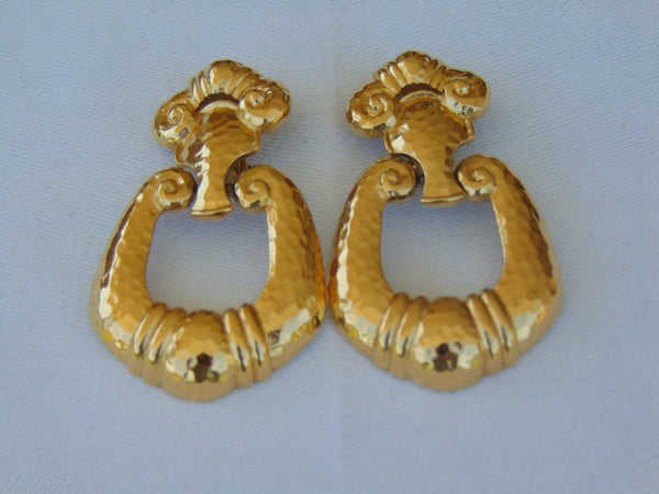 Vintage Jose Maria Barrera Dangle Earrings: Hammered Gold Clip-Ons
