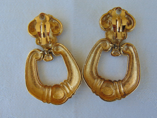 Vintage Jose Maria Barrera Dangle Earrings: Hammered Gold Clip-Ons