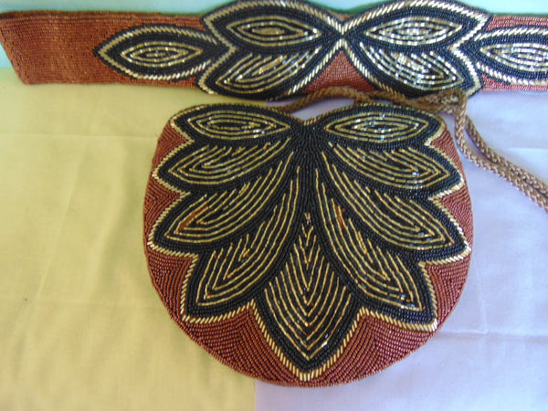 Vintage Beaded Evening Bag and Belt Set: 70s Formal Wear