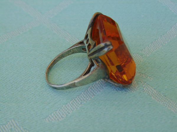 Art Deco Sterling Silver Ring: Topaz Glass, Size 7