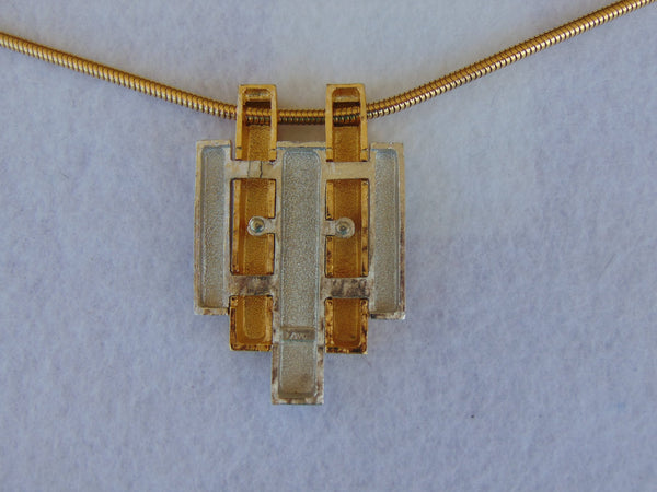 70s AVON Gold Tone Pendant Necklace: Geometric Art Deco Style