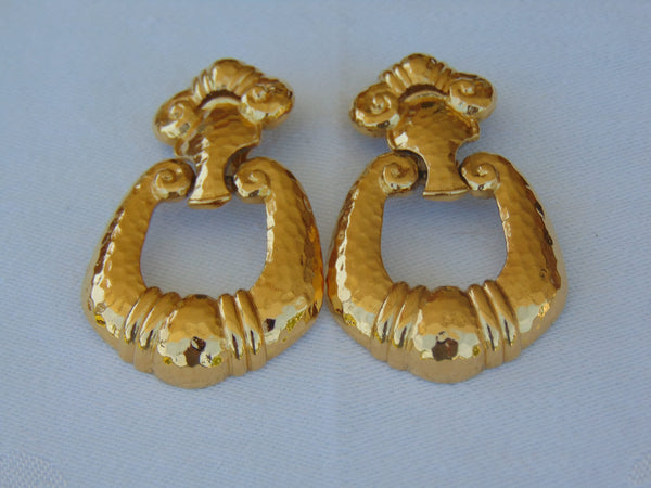 Vintage Jose Maria Barrera Dangle Earrings: Hammered Gold Clip-Ons