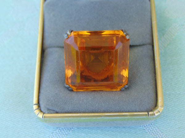 Art Deco Sterling Silver Ring: Topaz Glass, Size 7