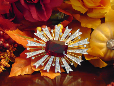 Vintage KJL Starburst Brooch: Red Emerald, Gold-Tone Christmas Jewelry