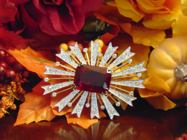 Vintage KJL Starburst Brooch: Red Emerald, Gold-Tone Christmas Jewelry