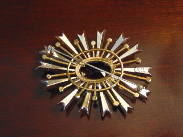 Vintage KJL Starburst Brooch: Red Emerald, Gold-Tone Christmas Jewelry