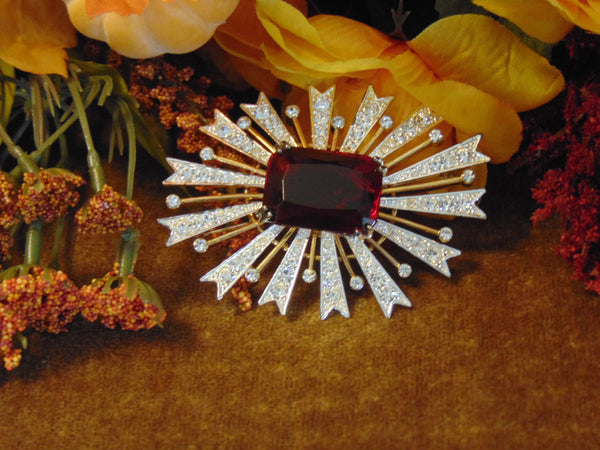 Vintage KJL Starburst Brooch: Red Emerald, Gold-Tone Christmas Jewelry