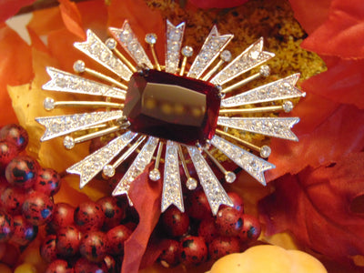 Vintage KJL Starburst Brooch: Red Emerald, Gold-Tone Christmas Jewelry