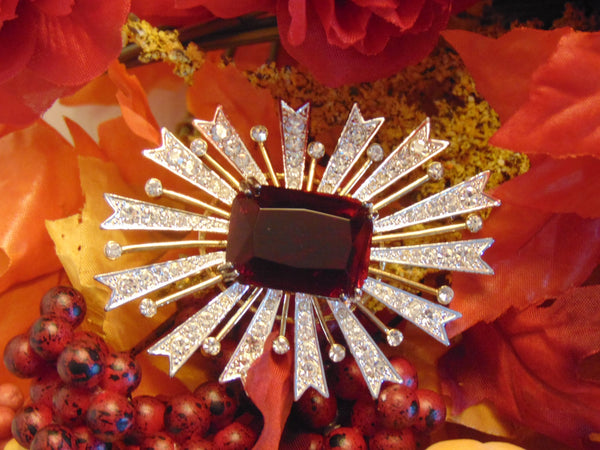Vintage KJL Starburst Brooch: Red Emerald, Gold-Tone Christmas Jewelry