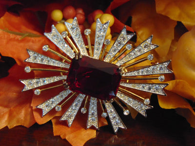 Vintage KJL Starburst Brooch: Red Emerald, Gold-Tone Christmas Jewelry