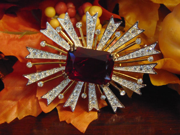 Vintage KJL Starburst Brooch: Red Emerald, Gold-Tone Christmas Jewelry