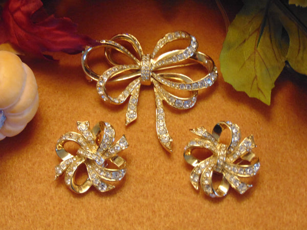 KJL Rhinestone Bow Brooch and Clip Earring Set - 1980s