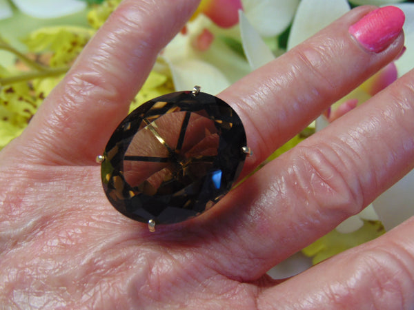 Vintage 18Kt YG Smokey Topaz Ring: 30 Carat Solitaire