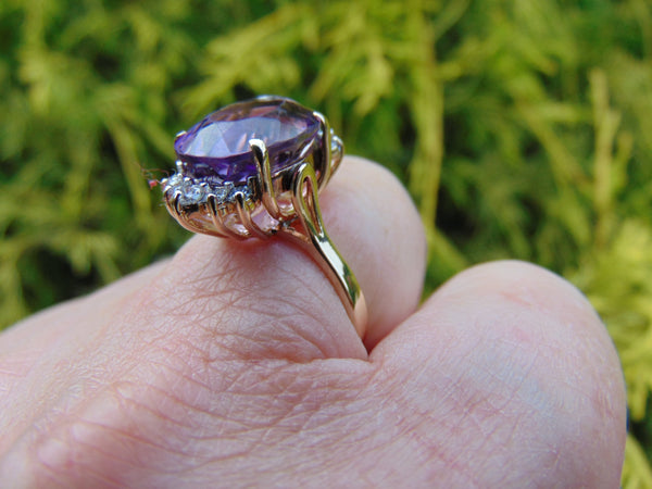 Diamond Amethyst Ring: 14Kt Yellow Gold February Birthstone, Size 6 3/4