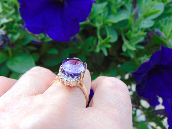 Diamond Amethyst Ring: 14Kt Yellow Gold February Birthstone, Size 6 3/4