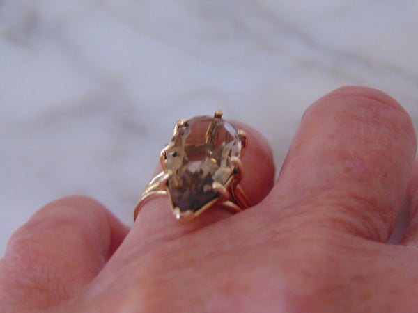 1950s Pear Smokey Quartz Ring: 14Kt Yellow Gold, Size 6