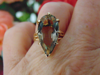 1950s Pear Smokey Quartz Ring: 14Kt Yellow Gold, Size 6