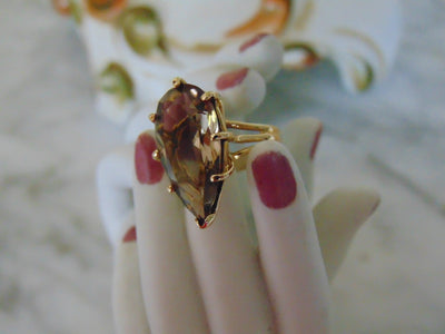 1950s Pear Smokey Quartz Ring: 14Kt Yellow Gold, Size 6