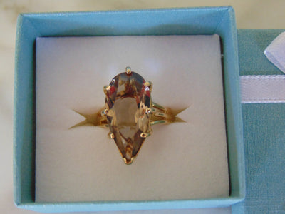 1950s Pear Smokey Quartz Ring: 14Kt Yellow Gold, Size 6