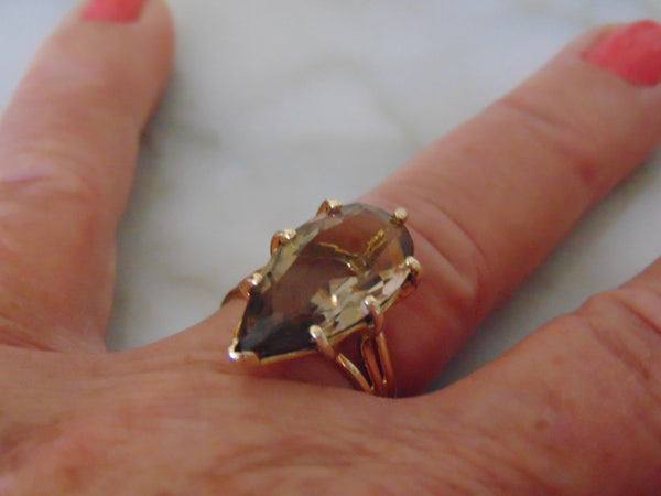 1950s Pear Smokey Quartz Ring: 14Kt Yellow Gold, Size 6