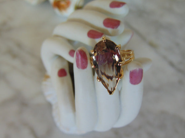 1950s Pear Smokey Quartz Ring: 14Kt Yellow Gold, Size 6