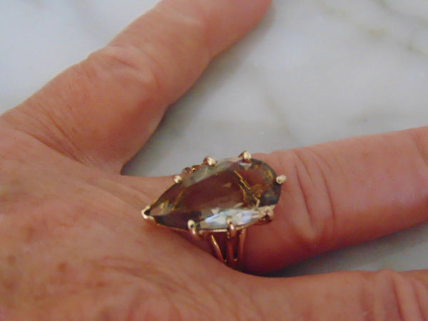 1950s Pear Smokey Quartz Ring: 14Kt Yellow Gold, Size 6
