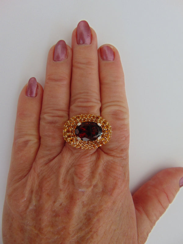 Garnet-Citrine & Diamond Ring For Birthstones-Engagement-Wedding-Cocktail Parties-Operas-Theater-Dinner Dances-Holidays-Cruises-Derbies-Gala