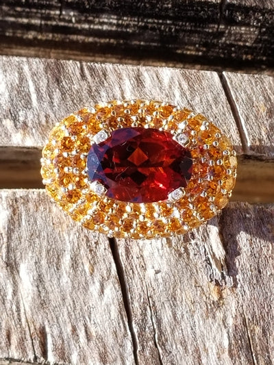 Garnet-Citrine & Diamond Ring For Birthstones-Engagement-Wedding-Cocktail Parties-Operas-Theater-Dinner Dances-Holidays-Cruises-Derbies-Gala