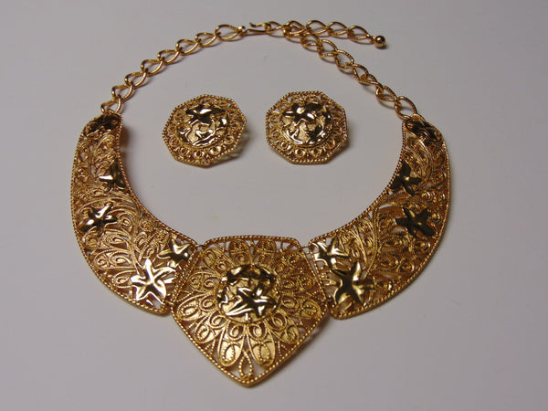 Vintage Jose Barrera Gold Choker and Clip-On Earring Set