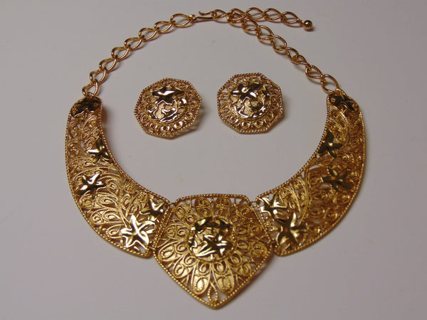 Vintage Jose Barrera Gold Choker and Clip-On Earring Set