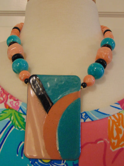 70s Handpainted Enameled Pendant Necklace: Artsy Beaded Jewelry