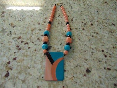 70s Handpainted Enameled Pendant Necklace: Artsy Beaded Jewelry