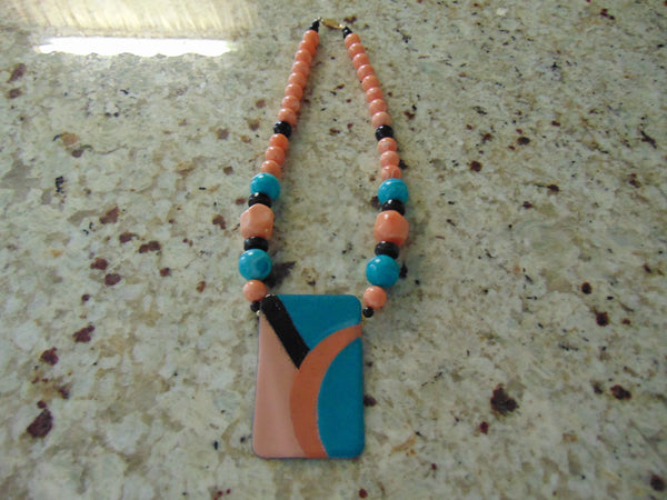 70s Handpainted Enameled Pendant Necklace: Artsy Beaded Jewelry