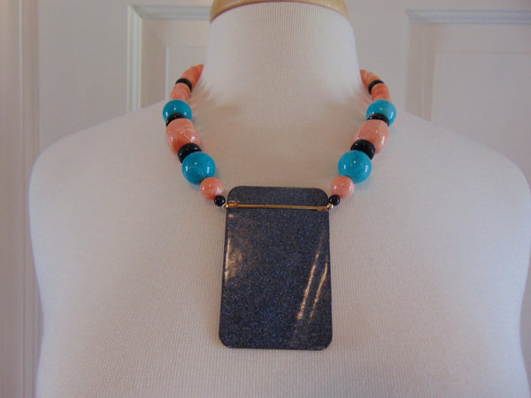 70s Handpainted Enameled Pendant Necklace: Artsy Beaded Jewelry
