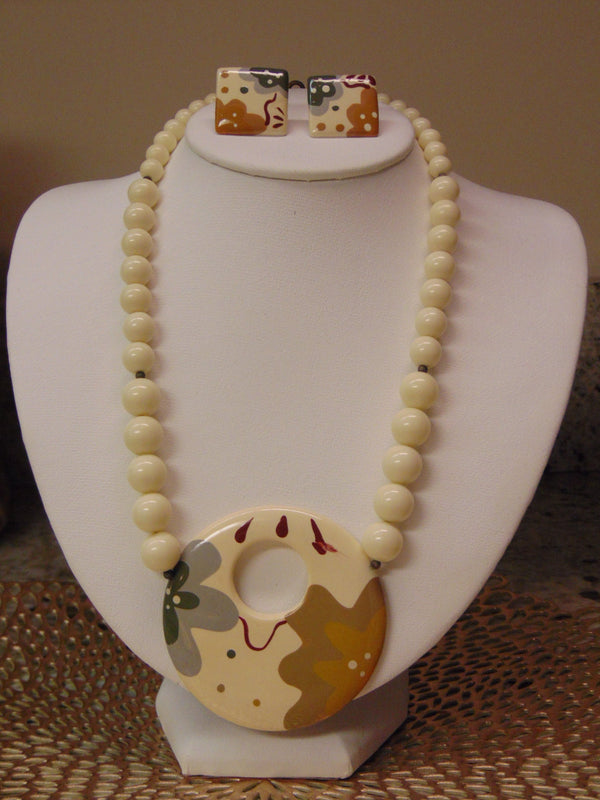 Vintage Enameled Necklace Earring Set: 70s Retro Jewelry
