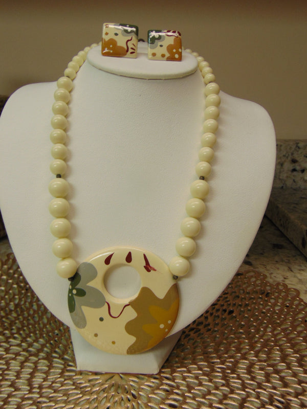 Vintage Enameled Necklace Earring Set: 70s Retro Jewelry