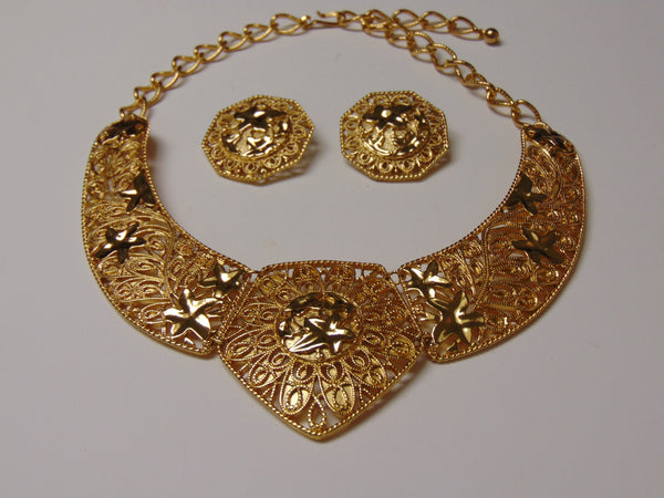 Vintage Jose Barrera Gold Choker and Clip-On Earring Set