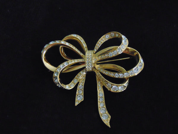 KJL Rhinestone Bow Brooch and Clip Earring Set - 1980s