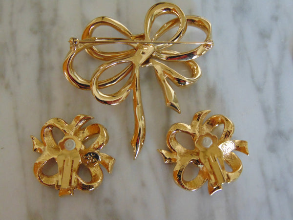 KJL Rhinestone Bow Brooch and Clip Earring Set - 1980s