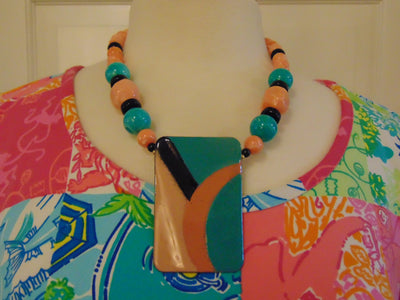 70s Handpainted Enameled Pendant Necklace: Artsy Beaded Jewelry