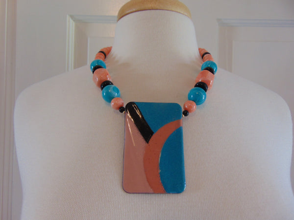 70s Handpainted Enameled Pendant Necklace: Artsy Beaded Jewelry