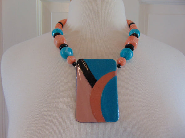 70s Handpainted Enameled Pendant Necklace: Artsy Beaded Jewelry