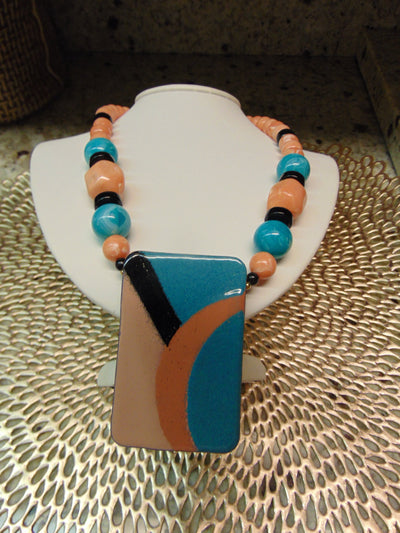 70s Handpainted Enameled Pendant Necklace: Artsy Beaded Jewelry