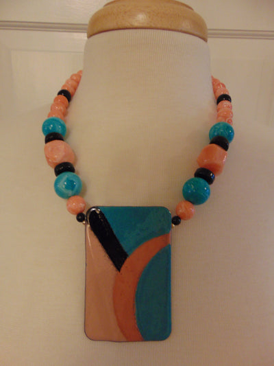 70s Handpainted Enameled Pendant Necklace: Artsy Beaded Jewelry