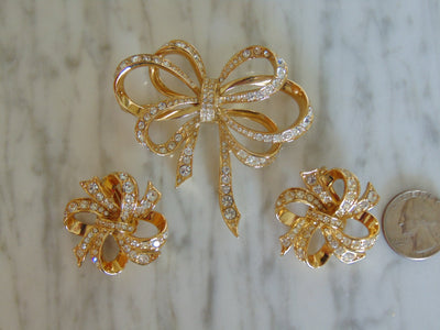 KJL Rhinestone Bow Brooch and Clip Earring Set - 1980s